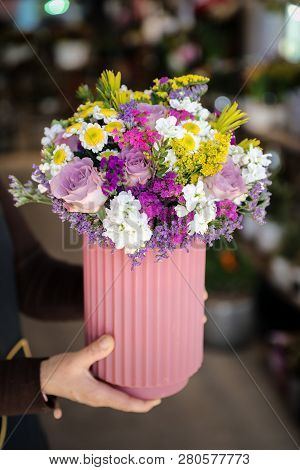 Beautiful Flower Arrangement With Roses, Limonium Sinuatum, Chrysanthemum Flowers And Other Plants I
