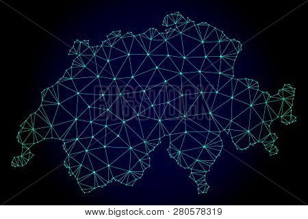 Polygonal Mesh Map Of Switzerland. Abstract Mesh Lines, Triangles And Points On Dark Background With