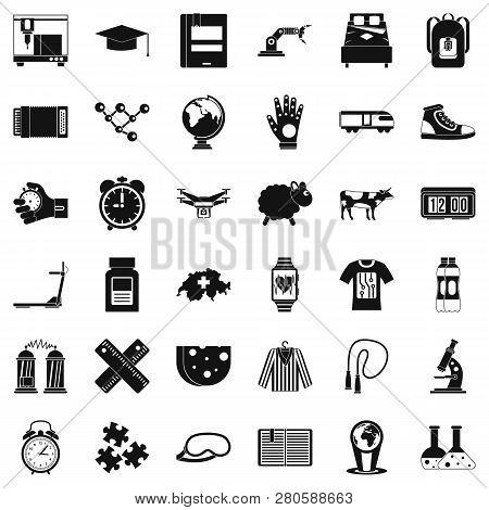 Swiss Things Icons Set. Simple Style Of 36 Swiss Things Icons For Web Isolated On White Background