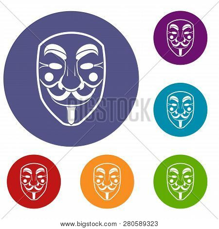 Vendetta Mask Icons Set In Flat Circle Red, Blue And Green Color For Web