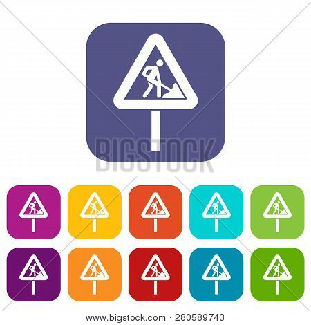 Road Works Sign Icons Set Illustration In Flat Style In Colors Red, Blue, Green, And Other