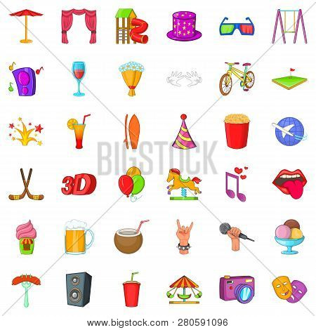 Lunapark Icons Set. Cartoon Style Of 36 Lunapark Icons For Web Isolated On White Background