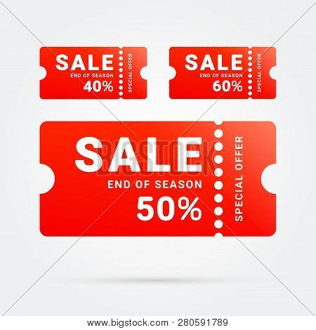 End Of Season Sale Illustrated On Red Ticket. Special Offer Sale Label. Vector Promo, Sale Poster, B