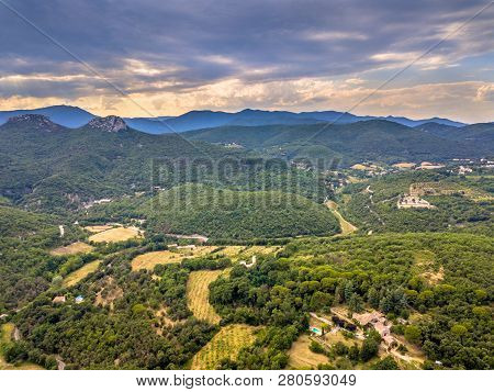 Aerial Landscape Scene Of Cevennes National Park Near Monoblet, Southern France