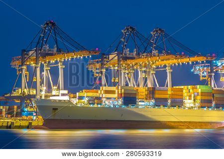 Container Ship Unloaded At Automated Harbor Terminal In Maasvlakte Europoort Port Of Rotterdam, Neth