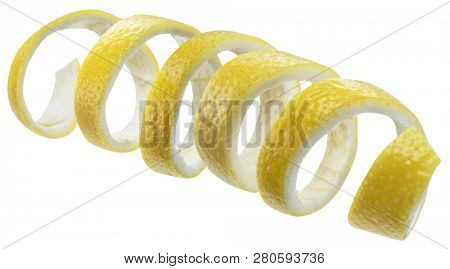 Lemon peel or lemon twist on white background. File contains clipping path.