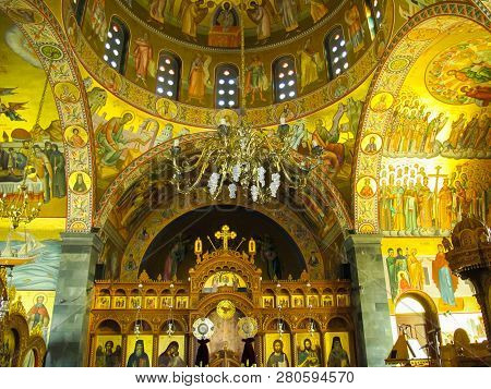 Pothia, Kalymnos / Greece - September 13 2014: The Interior Of Orthodox Church Of Saint Savvas Of Th