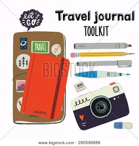 Set Of Tools For Urban Sketching. Travel Journaling Essentials - Sketchbook In Cover, Water Brush, P