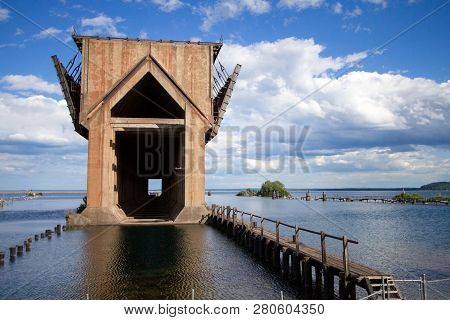 Marquette Michigan Downtown Waterfront District. Iron Ore Docks And Lake Superior Shore Of The Downt