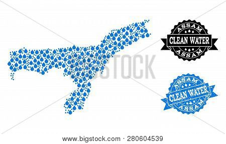 Map Of Assam State Vector Mosaic And Clean Water Grunge Stamp. Map Of Assam State Formed With Blue W