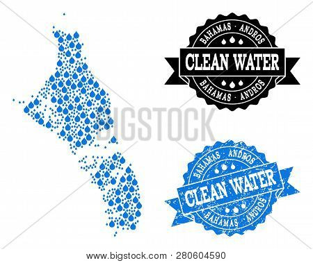 Map Of Bahamas - Andros Island Vector Mosaic And Clean Water Grunge Stamp. Map Of Bahamas - Andros I