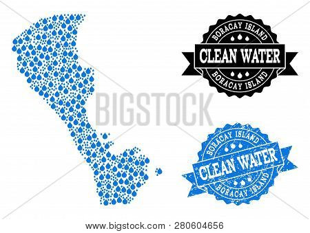 Map Of Boracay Island Vector Mosaic And Clean Water Grunge Stamp. Map Of Boracay Island Designed Wit