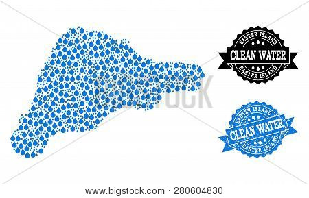 Map Of Easter Island Vector Mosaic And Clean Water Grunge Stamp. Map Of Easter Island Formed With Bl