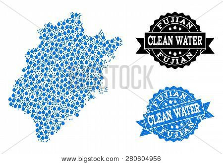 Map Of Fujian Province Vector Mosaic And Clean Water Grunge Stamp. Map Of Fujian Province Designed W