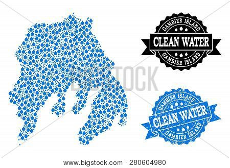 Map Of Gambier Island Vector Mosaic And Clean Water Grunge Stamp. Map Of Gambier Island Designed Wit