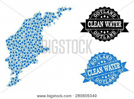 Map Of Gotland Island Vector Mosaic And Clean Water Grunge Stamp. Map Of Gotland Island Composed Wit