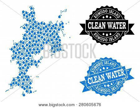 Map Of Komodo Island Vector Mosaic And Clean Water Grunge Stamp. Map Of Komodo Island Formed With Bl