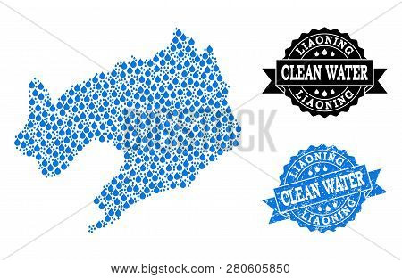Map Of Liaoning Province Vector Mosaic And Clean Water Grunge Stamp. Map Of Liaoning Province Create