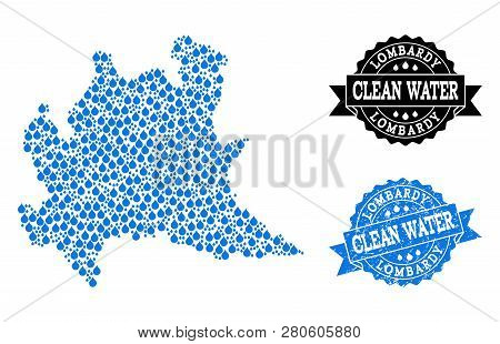 Map Of Lombardy Region Vector Mosaic And Clean Water Grunge Stamp. Map Of Lombardy Region Designed W