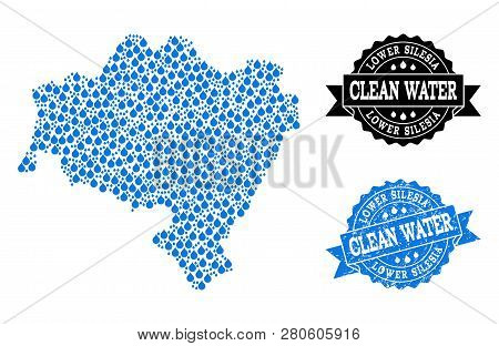 Map Of Lower Silesia Province Vector Mosaic And Clean Water Grunge Stamp. Map Of Lower Silesia Provi