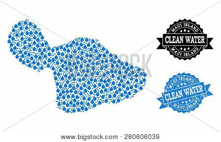 Map Of Maui Island Vector Mosaic And Clean Water Grunge Stamp. Map Of Maui Island Composed With Blue