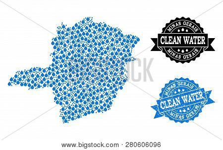 Map Of Minas Gerais State Vector Mosaic And Clean Water Grunge Stamp. Map Of Minas Gerais State Crea