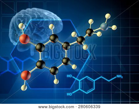 Dopamine molecule formula and 3D diagram. 3D illustration.
