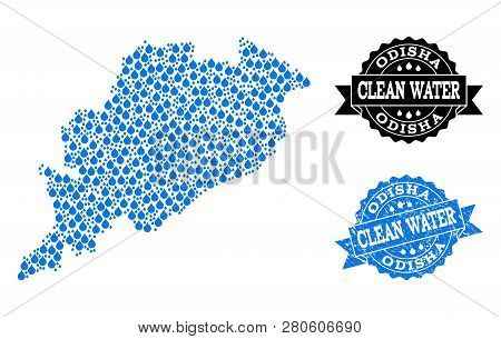Map Of Odisha State Vector Mosaic And Clean Water Grunge Stamp. Map Of Odisha State Composed With Bl
