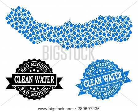 Map Of Sao Miguel Island Vector Mosaic And Clean Water Grunge Stamp. Map Of Sao Miguel Island Formed