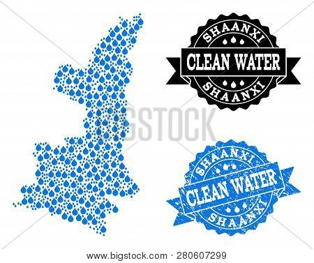 Map Of Shaanxi Province Vector Mosaic And Clean Water Grunge Stamp. Map Of Shaanxi Province Designed