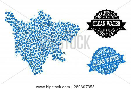 Map Of Sichuan Province Vector Mosaic And Clean Water Grunge Stamp. Map Of Sichuan Province Composed