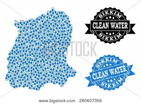 Map Of Sikkim State Vector Mosaic And Clean Water Grunge Stamp. Map Of Sikkim State Designed With Bl