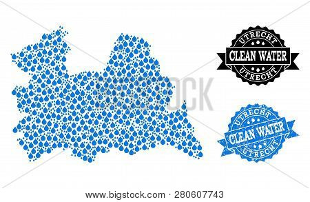 Map Of Utrecht Province Vector Mosaic And Clean Water Grunge Stamp. Map Of Utrecht Province Created 