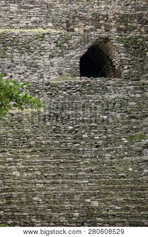 Detail shot of the stairs and entrance to the Mayan temple of Dzibanche, Mexico.