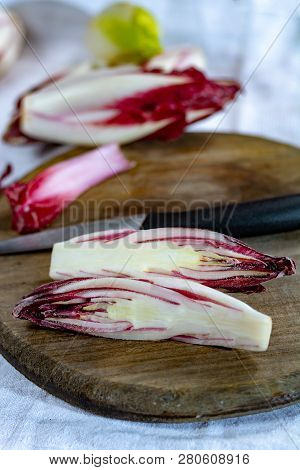 Group Of Fresh Red Radicchio Chicory Or Belgian Endive Vegetables, Also Known As Witlof Salade