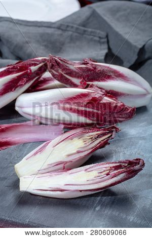 Group Of Fresh Red Radicchio Chicory Or Belgian Endive Vegetables, Also Known As Witlof Salade, Clos