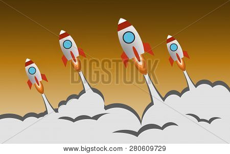 Multiple Rockets Launch With Yellow Background, 3d Rendering
