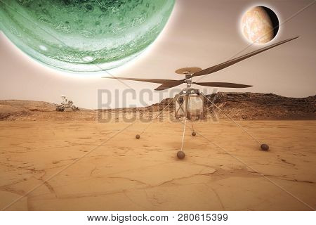 Futuristic Mars Rover Exploring Vasts Of Red Planet. Elements Of This Image Furnished By Nasa