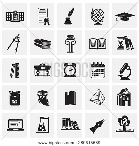 Education And Stydying Set On Squares Background Icons