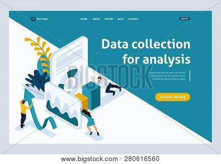 Website Template Landing Page Isometric Concept Data Collection For Analysis, People In Work. Easy T