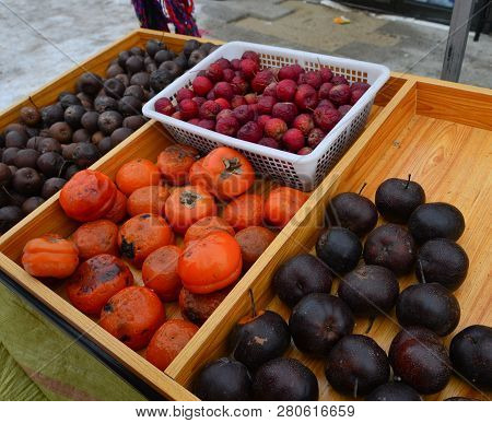 Frozen Fruits At Local Market In Mohe County, China.