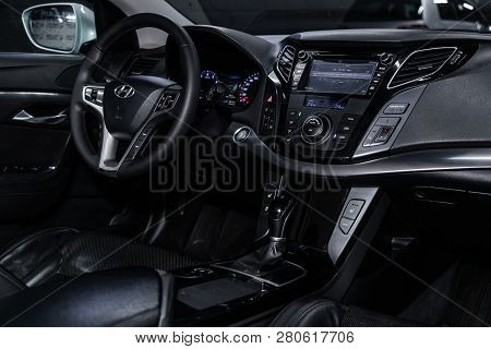 Novosibirsk, Russia - January 25, 2018:  Hyundai Elantra,  Close-up Of The Dashboard And Steering Wh
