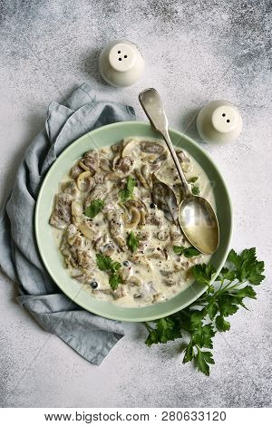 Beef Stroganoff - Meat Stewed In Cream Sauce With Mushrooms.top View With Copy Space.