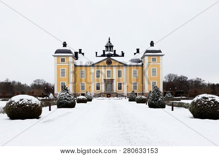 Frontal View Of The Swedish 1700th Century Stromsholm Castle During The Winter Season Located In The