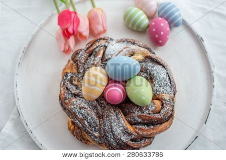 Home Made Chocolate Easter Babka With Easter Eggs