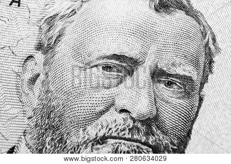 Close Up View Portrait Of Ulysses S. Grant On The One Fifty Dollar Bill. Background Of The Money. 50