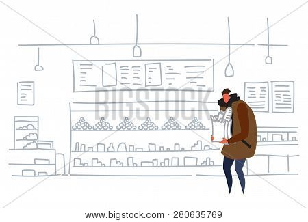 Man Holding Craft Paper Bag Buying Products In Grocery Store Casual Guy Hipster Food Shopping Concep