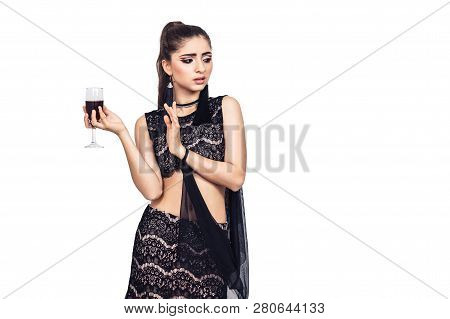 Beautiful Young Girl Refuses Wine. Isolated On White