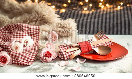 Valentine's Day Festive Dinner On A Wooden Background Cutlery