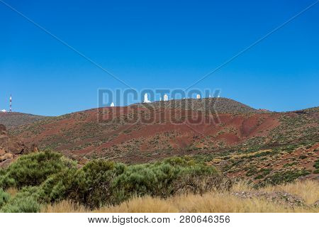 Desert Landscape In The Vicinity Of The Teide Volcano. Viewpoint: Mirador Caramujo. In The Backgroun